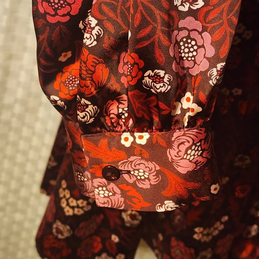 Floral Wrap Dress Red and Pink Silky Eco Friendly Recycled Fabric Fall Workwear - Picture 3 of 7